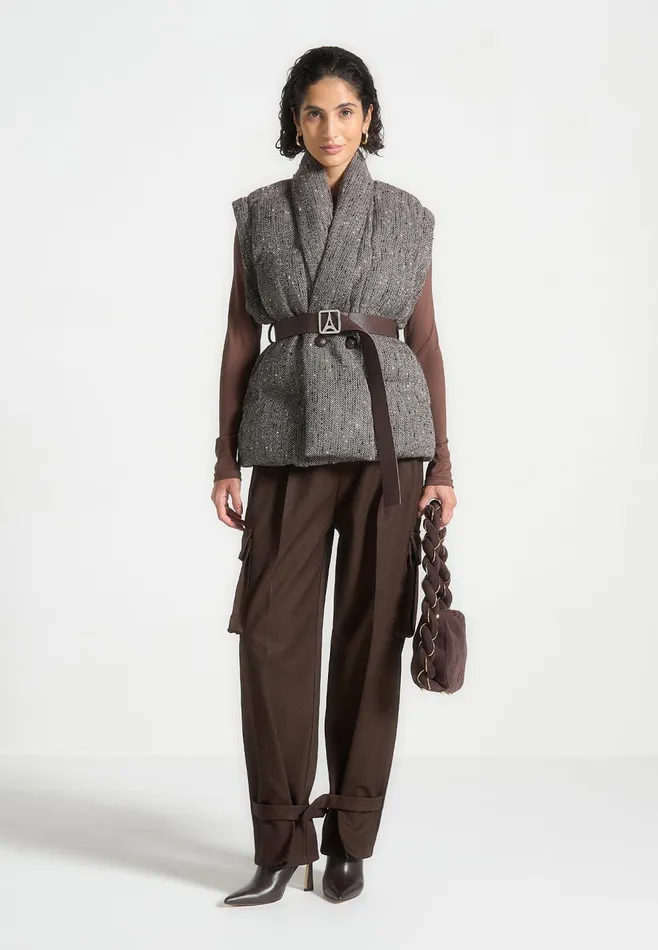 Women Manire De Voir Herringbone Wrap Belted Puffer Jacket Brown