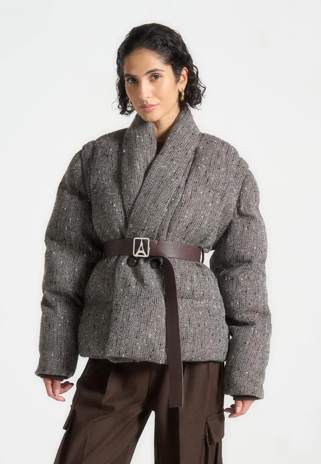 Women Manire De Voir Herringbone Wrap Belted Puffer Jacket Brown