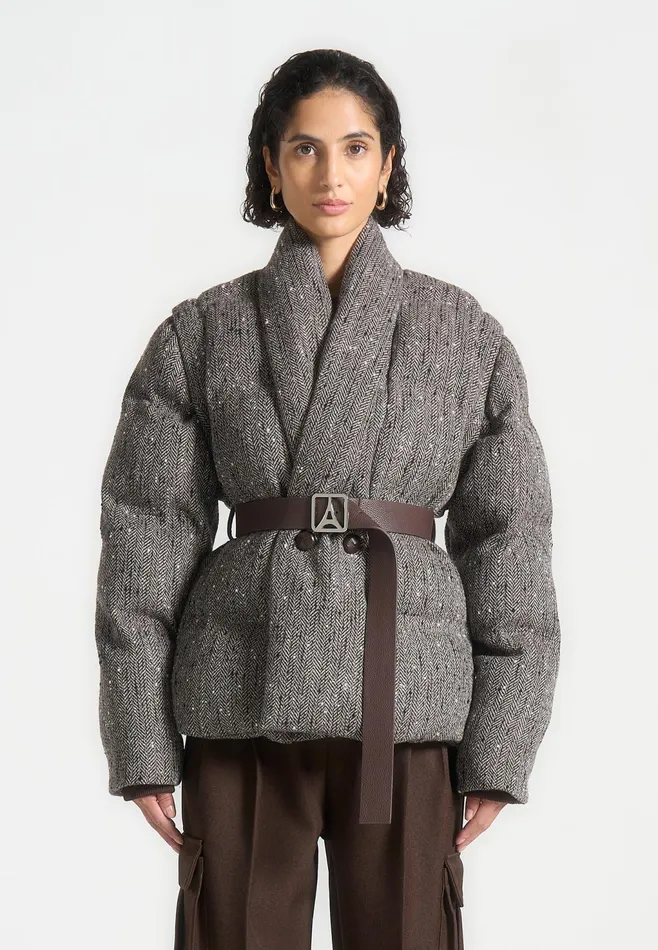 Women Manire De Voir Herringbone Wrap Belted Puffer Jacket Brown