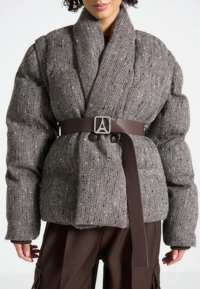 Women Manire De Voir Herringbone Wrap Belted Puffer Jacket Brown