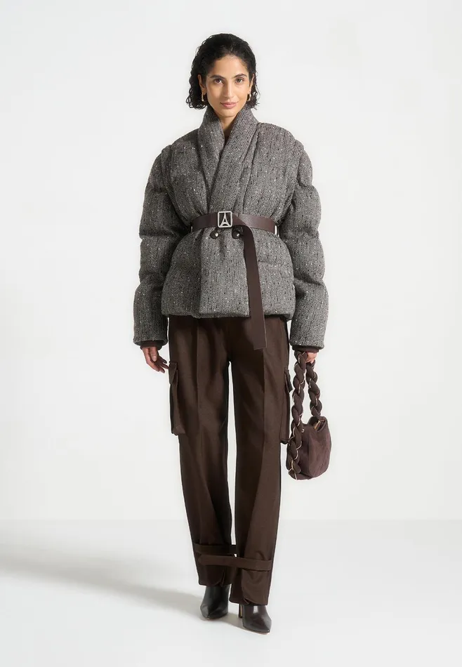 Women Manire De Voir Herringbone Wrap Belted Puffer Jacket Brown
