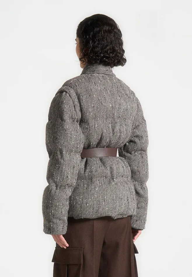 Women Manire De Voir Herringbone Wrap Belted Puffer Jacket Brown
