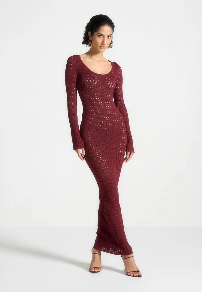 Women Manire De Voir Knitted Scoop Neck Maxi Dress Wine Red