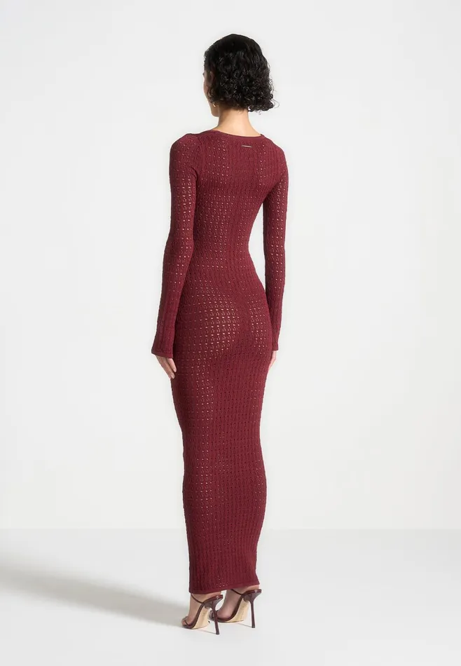 Women Manire De Voir Knitted Scoop Neck Maxi Dress Wine Red