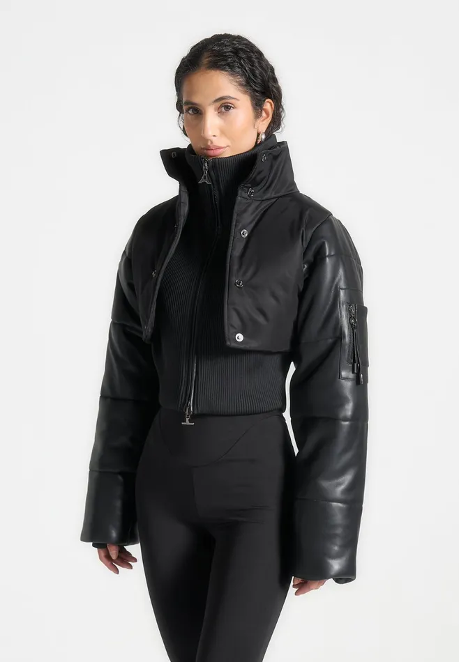 Women Manire De Voir Leather And Nylon Layered Puffer Jacket Black