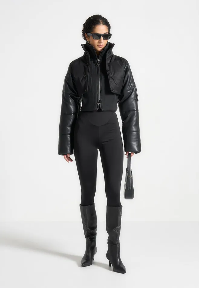 Women Manire De Voir Leather And Nylon Layered Puffer Jacket Black