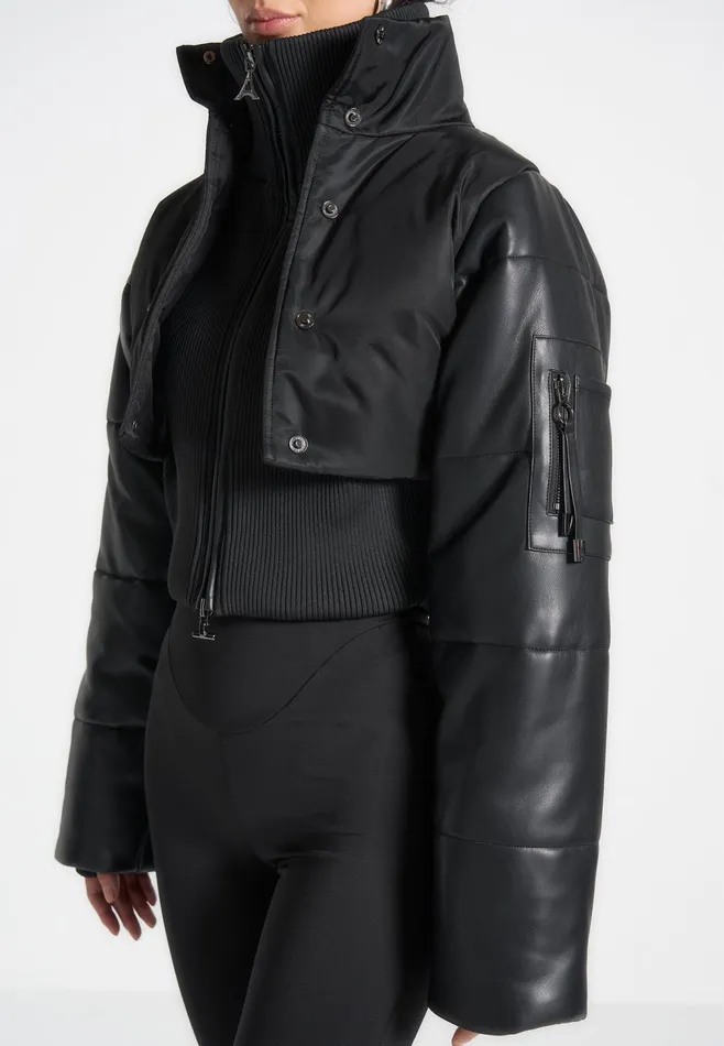 Women Manire De Voir Leather And Nylon Layered Puffer Jacket Black