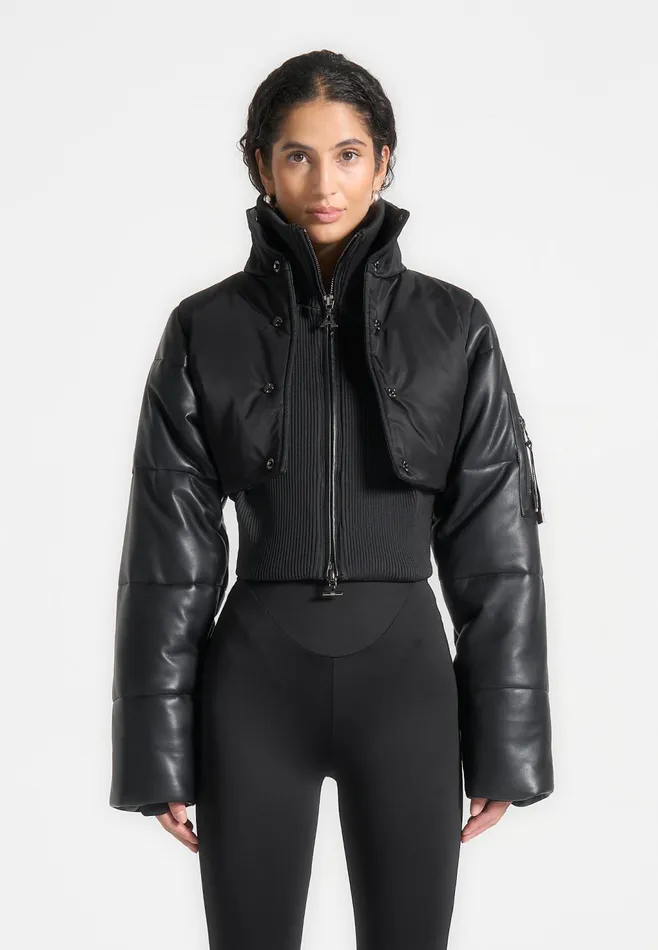 Women Manire De Voir Leather And Nylon Layered Puffer Jacket Black