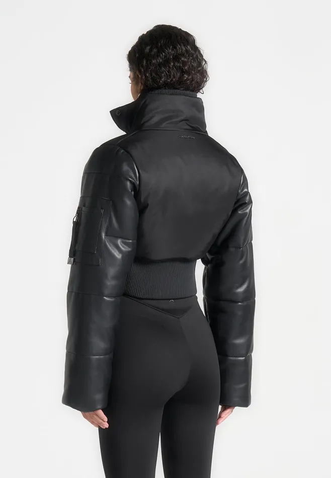 Women Manire De Voir Leather And Nylon Layered Puffer Jacket Black