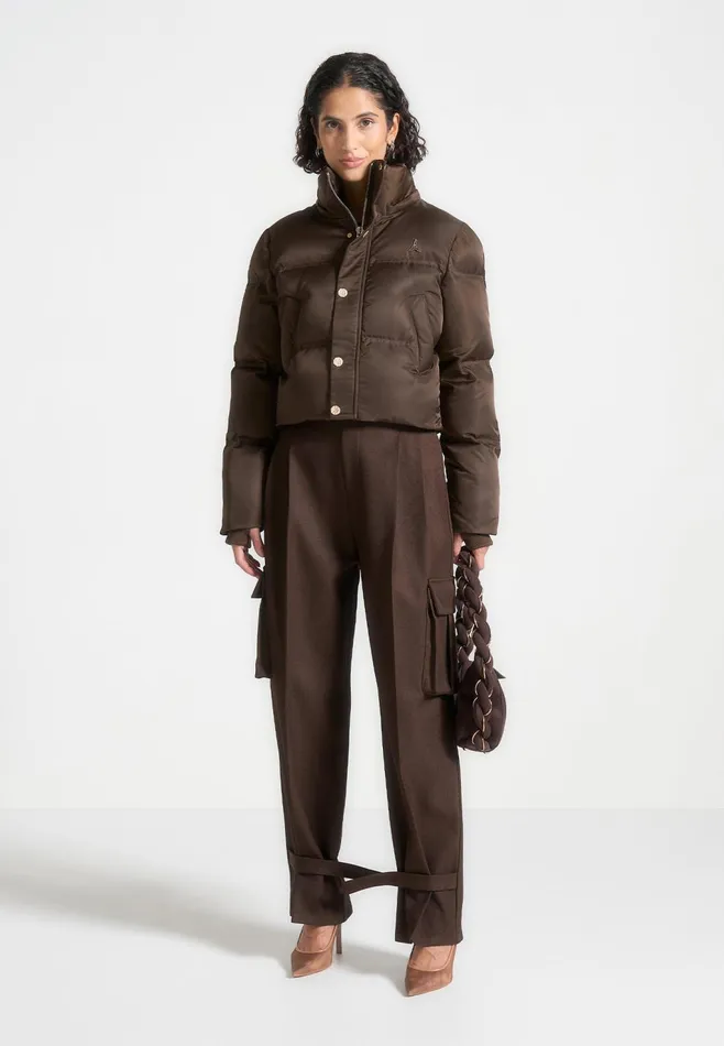 Women Manire De Voir Nylon Eiffel Cropped Puffer Jacket Brown