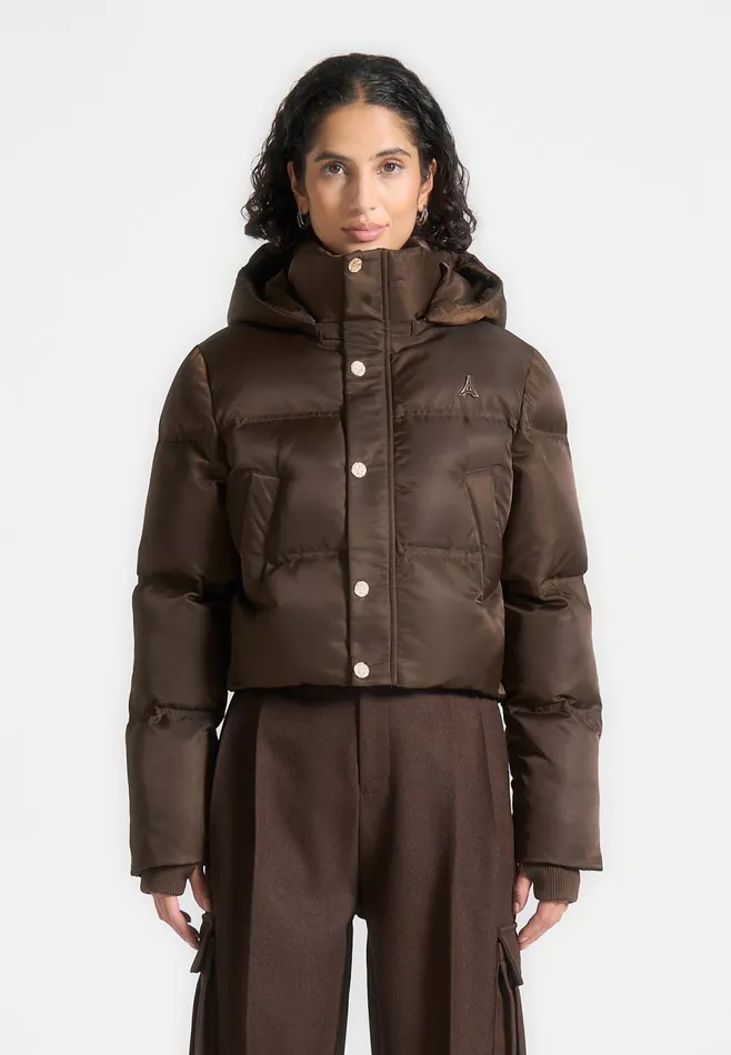 Women Manire De Voir Nylon Eiffel Cropped Puffer Jacket Brown