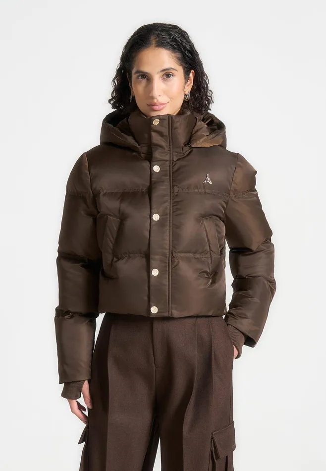 Women Manire De Voir Nylon Eiffel Cropped Puffer Jacket Brown