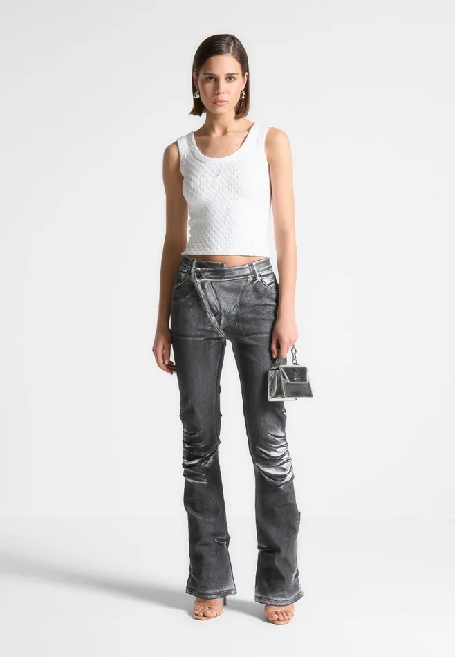 Women Manire De Voir Oil Print Tacked Fit And Flare Jeans Whitegrey