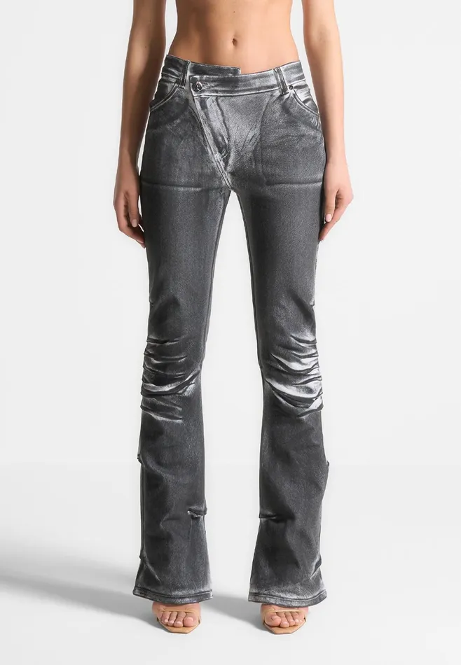 Women Manire De Voir Oil Print Tacked Fit And Flare Jeans Whitegrey