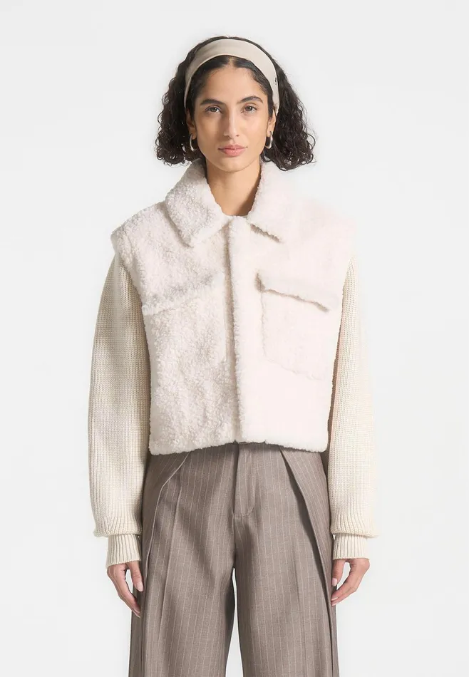 Women Manire De Voir Plush Jacket With Knitted Sleeves Cream