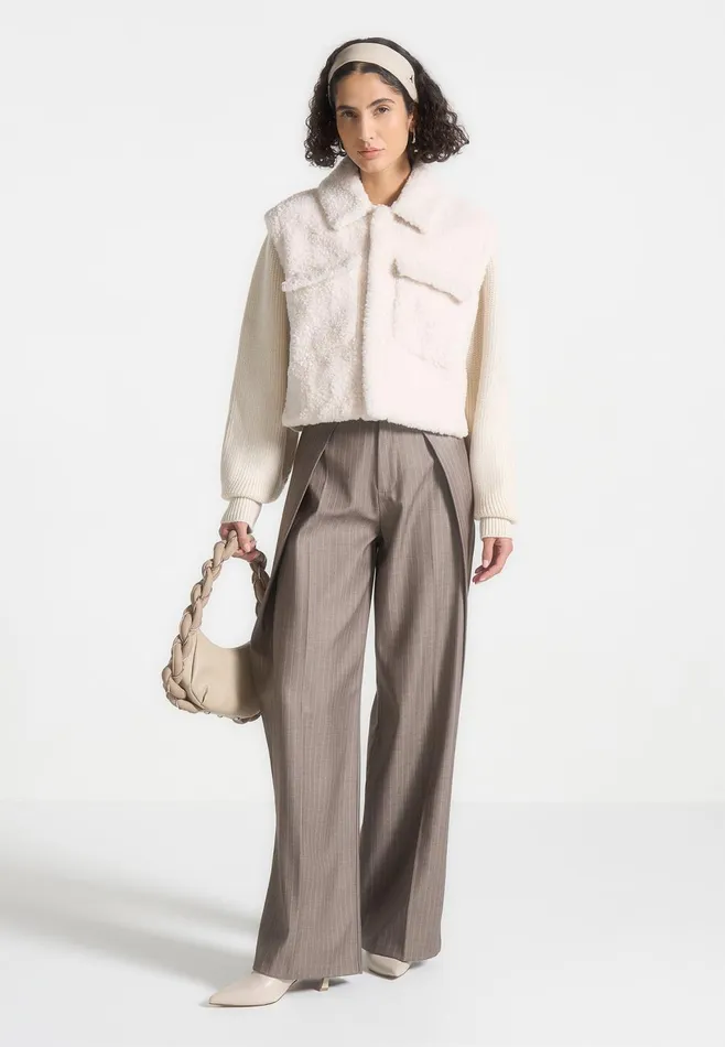 Women Manire De Voir Plush Jacket With Knitted Sleeves Cream