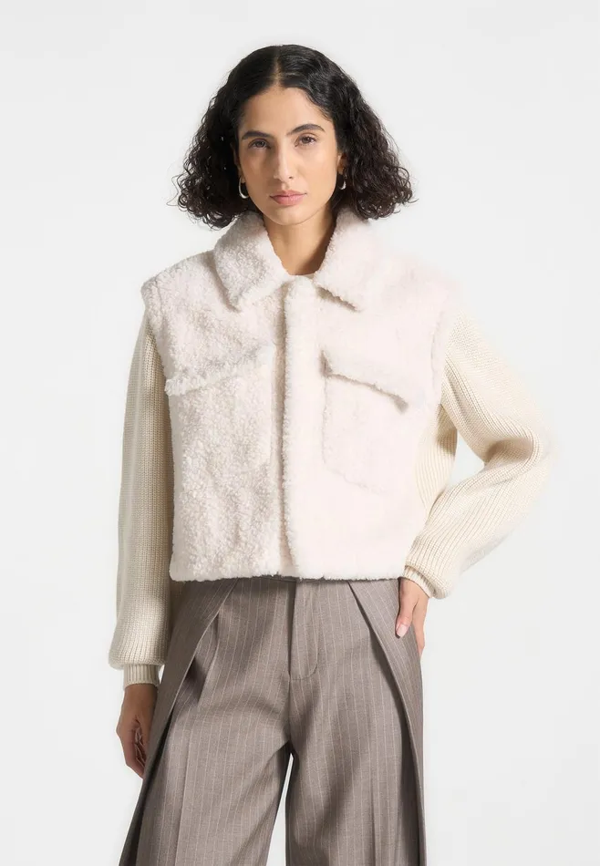 Women Manire De Voir Plush Jacket With Knitted Sleeves Cream