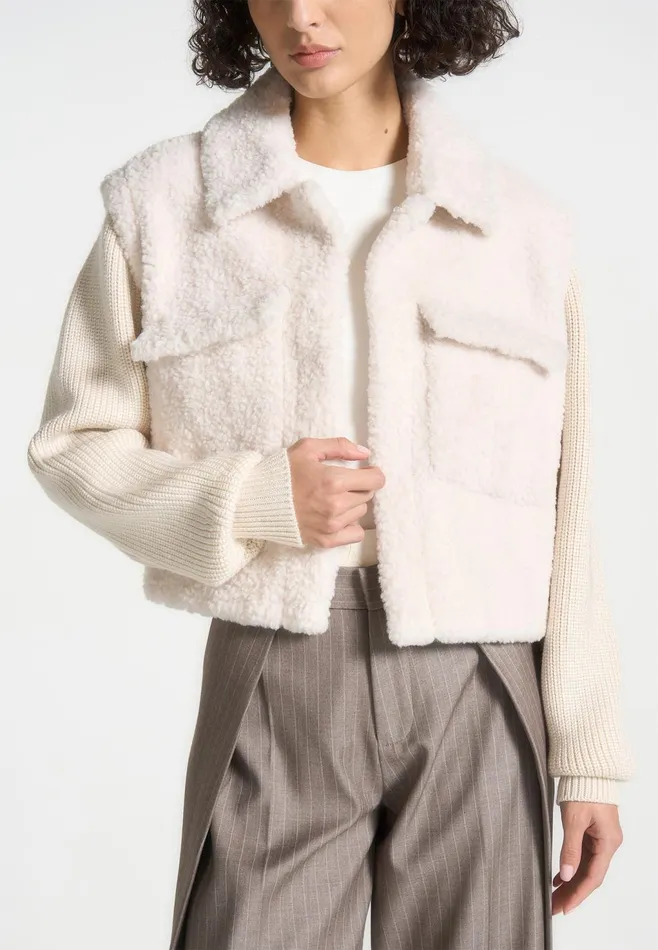 Women Manire De Voir Plush Jacket With Knitted Sleeves Cream