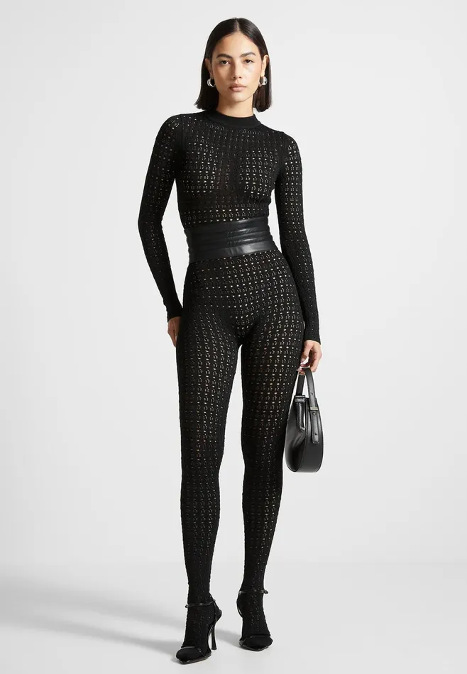 Women Manire De Voir Pointelle Knit Long Sleeve Jumpsuit With Belt Black