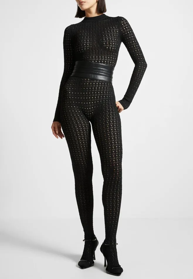 Women Manire De Voir Pointelle Knit Long Sleeve Jumpsuit With Belt Black