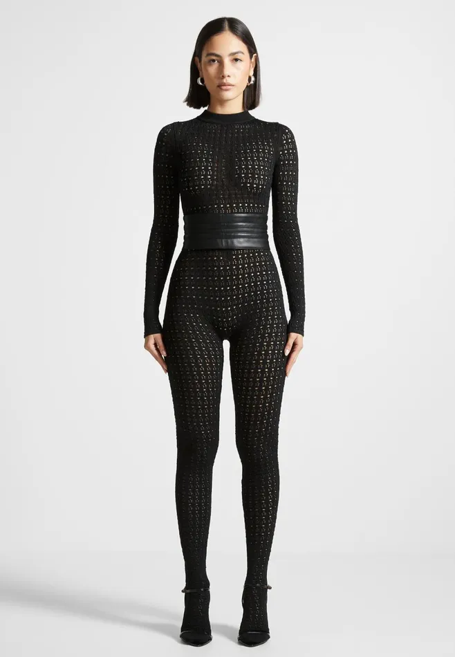 Women Manire De Voir Pointelle Knit Long Sleeve Jumpsuit With Belt Black