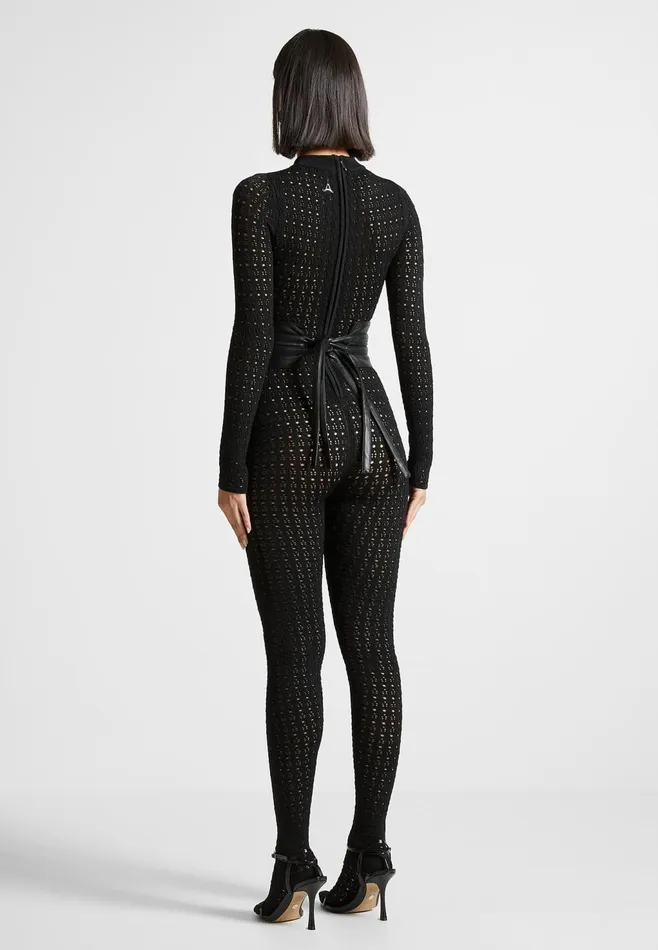 Women Manire De Voir Pointelle Knit Long Sleeve Jumpsuit With Belt Black