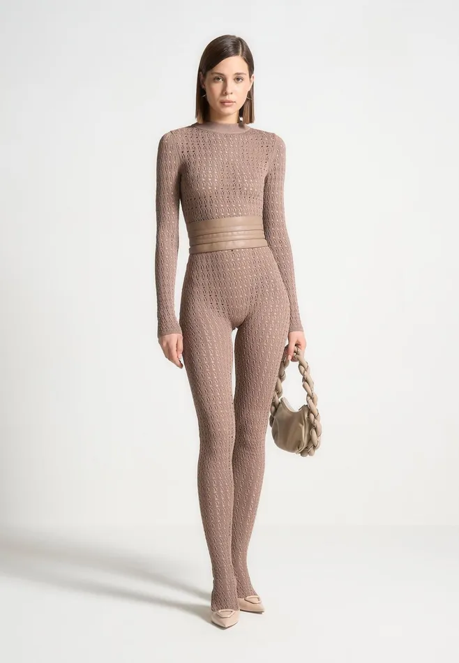 Women Manire De Voir Pointelle Knit Long Sleeve Jumpsuit With Belt Taupe