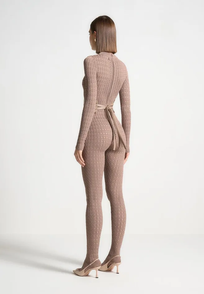 Women Manire De Voir Pointelle Knit Long Sleeve Jumpsuit With Belt Taupe