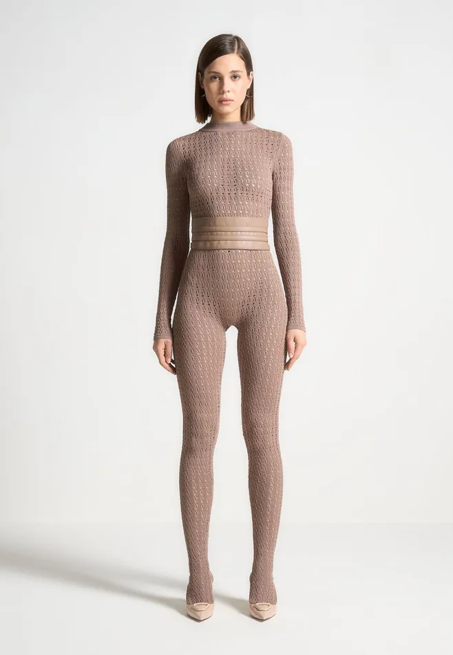Women Manire De Voir Pointelle Knit Long Sleeve Jumpsuit With Belt Taupe