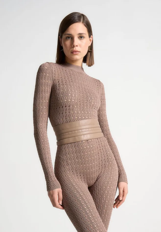 Women Manire De Voir Pointelle Knit Long Sleeve Jumpsuit With Belt Taupe