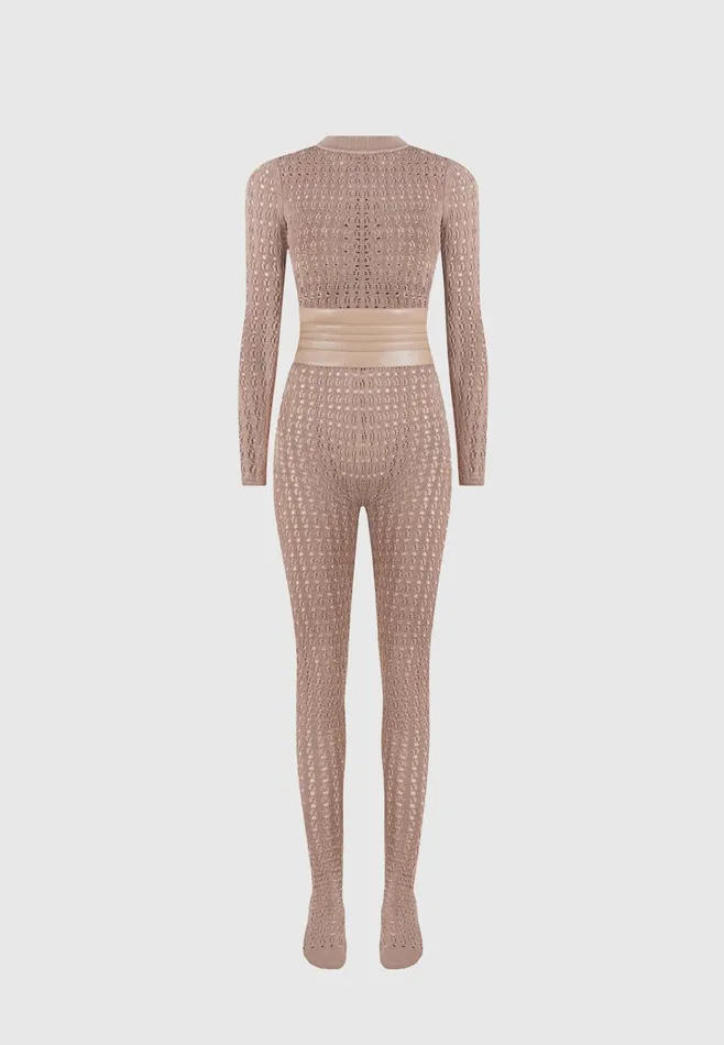 Women Manire De Voir Pointelle Knit Long Sleeve Jumpsuit With Belt Taupe