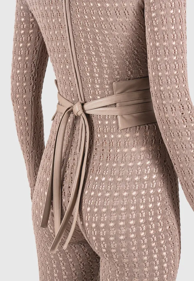 Women Manire De Voir Pointelle Knit Long Sleeve Jumpsuit With Belt Taupe