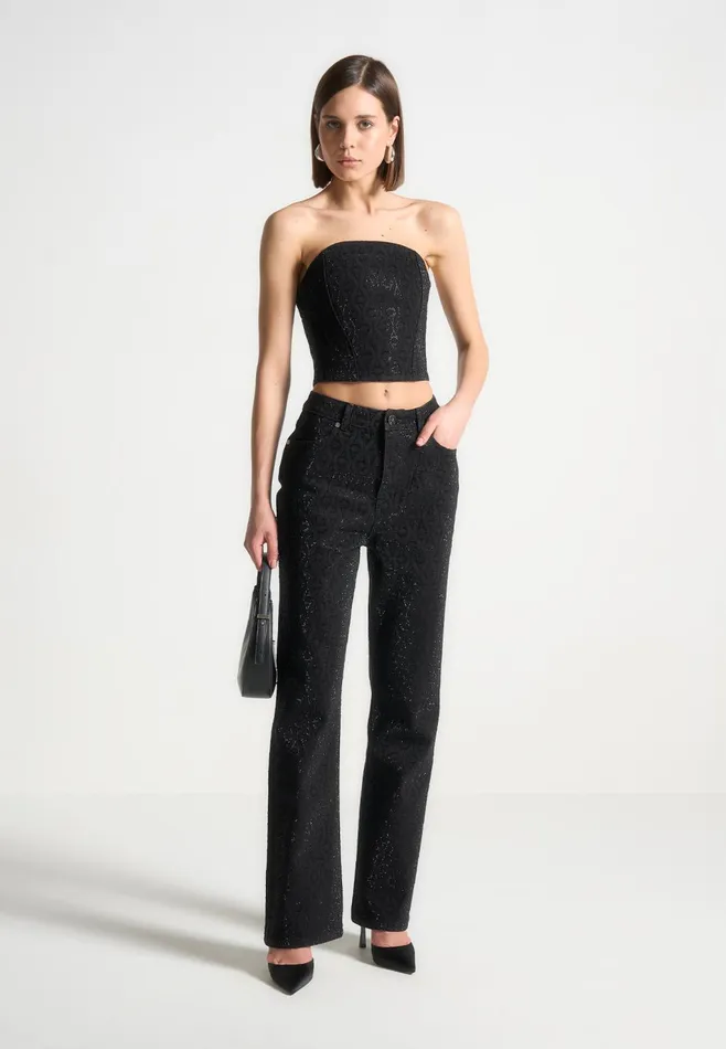 Women Manire De Voir Rhinestone Eiffel Boyfriend Jeans Black