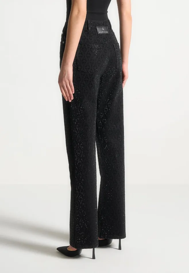 Women Manire De Voir Rhinestone Eiffel Boyfriend Jeans Black