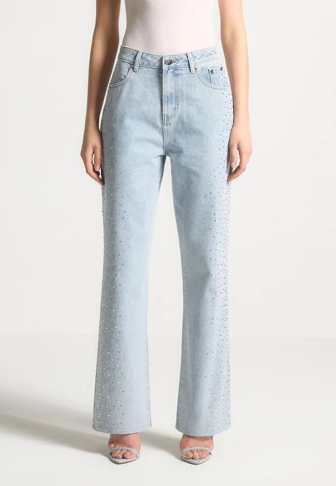 Women Manire De Voir Scattered Rhinestone Boyfriend Jeans Bleach Wash