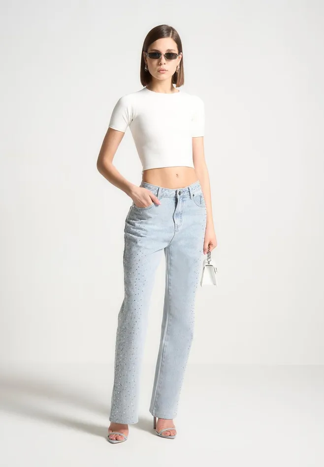 Women Manire De Voir Scattered Rhinestone Boyfriend Jeans Bleach Wash