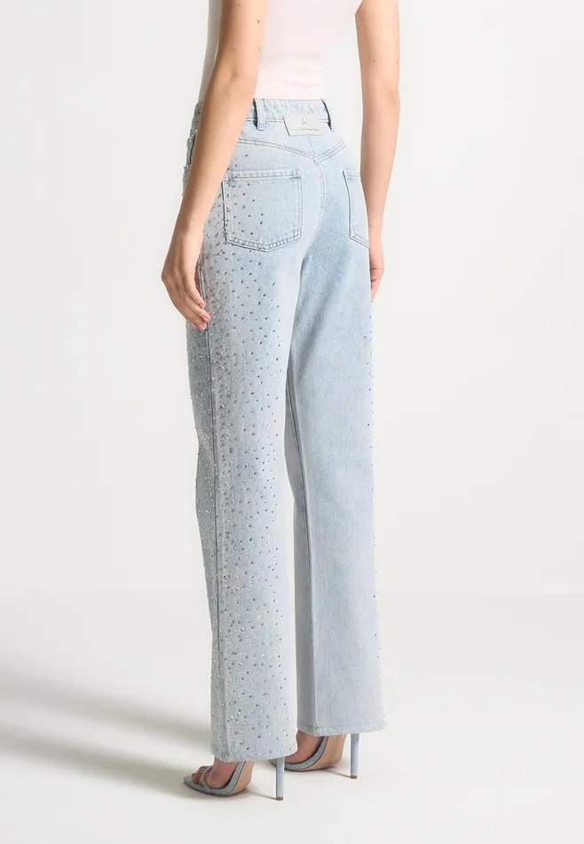 Women Manire De Voir Scattered Rhinestone Boyfriend Jeans Bleach Wash