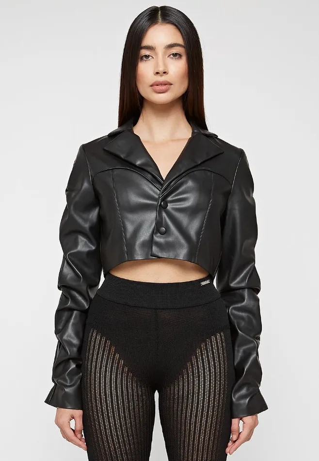 Women Manire De Voir Tacked Leather Cropped Jacket Black