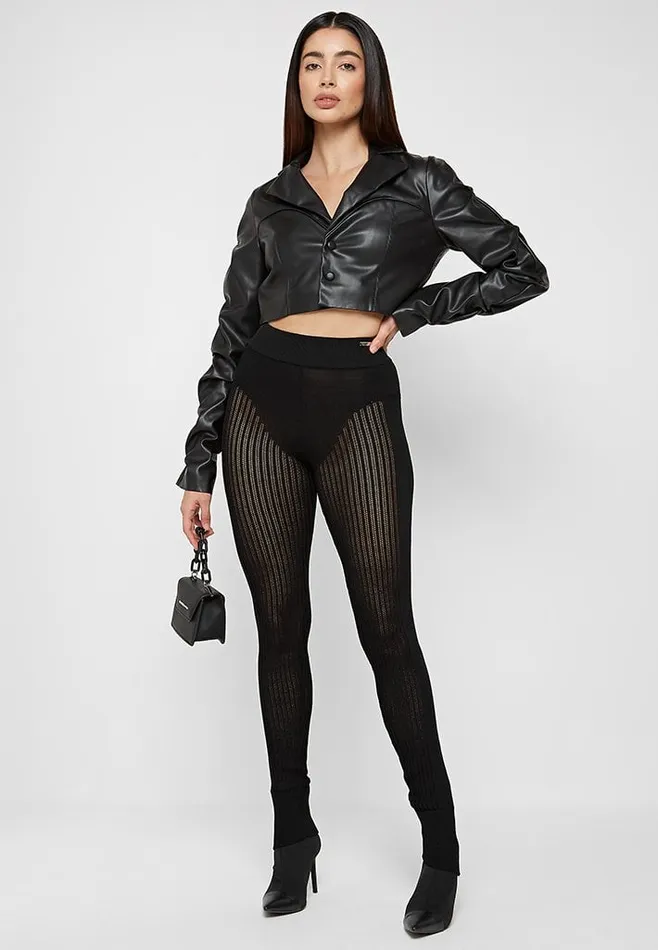 Women Manire De Voir Tacked Leather Cropped Jacket Black