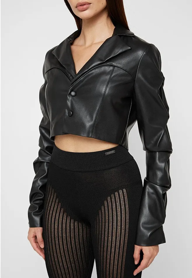 Women Manire De Voir Tacked Leather Cropped Jacket Black