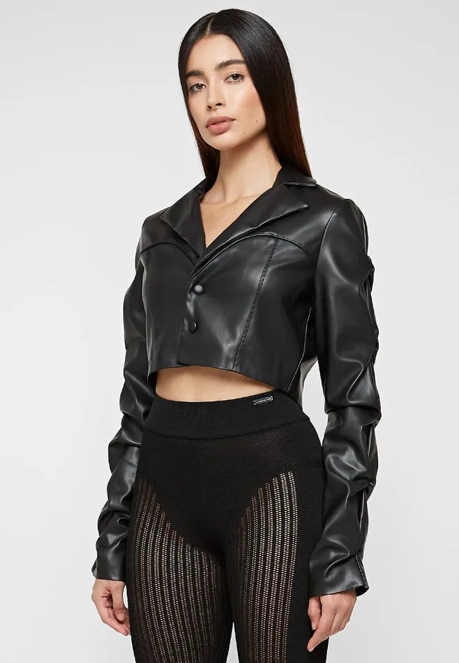 Women Manire De Voir Tacked Leather Cropped Jacket Black
