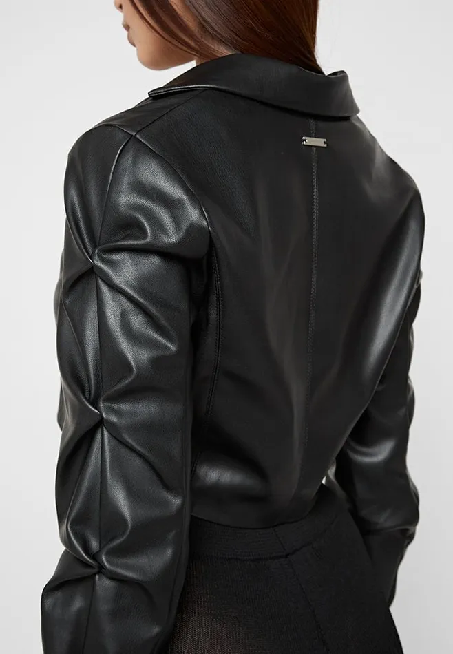 Women Manire De Voir Tacked Leather Cropped Jacket Black