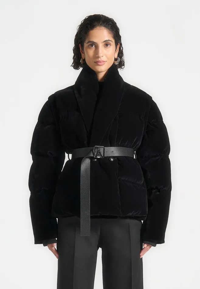 Women Manire De Voir Velvet Wrap Belted Puffer Jacket Black