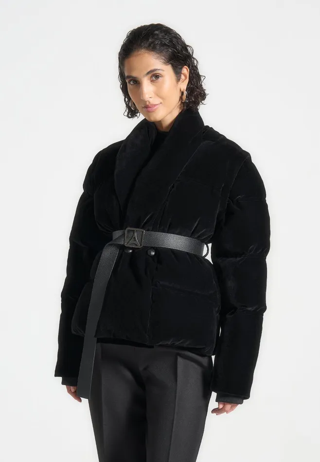 Women Manire De Voir Velvet Wrap Belted Puffer Jacket Black