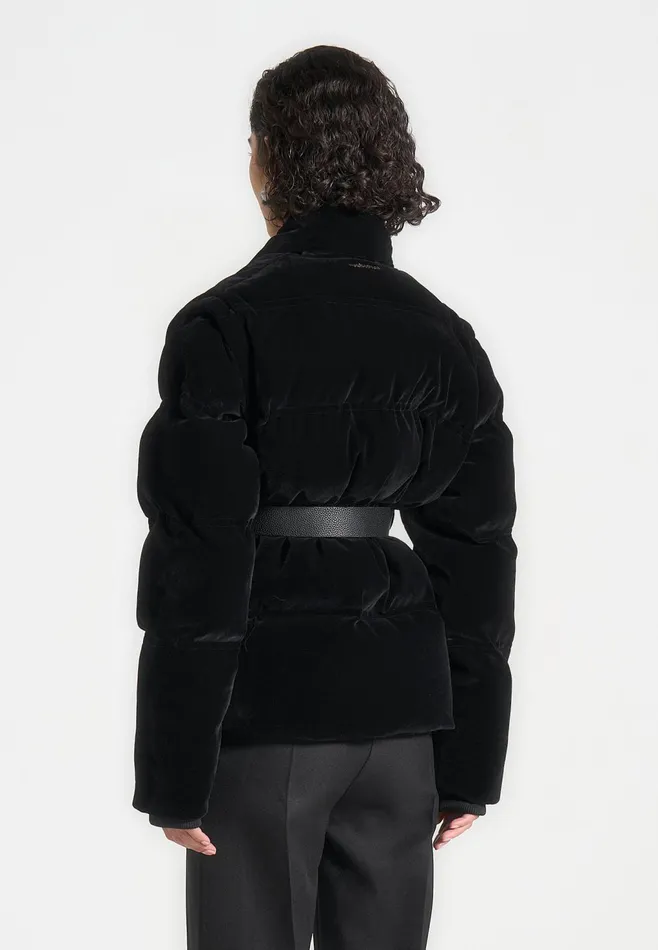 Women Manire De Voir Velvet Wrap Belted Puffer Jacket Black