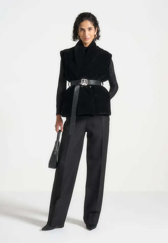 Women Manire De Voir Velvet Wrap Belted Puffer Jacket Black