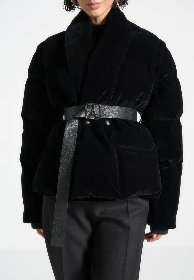 Women Manire De Voir Velvet Wrap Belted Puffer Jacket Black