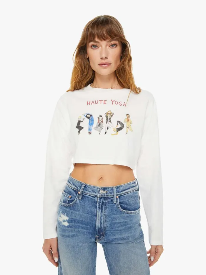 Women Mother Denim Haute Yoga Long Sleeve Crop Tee White
