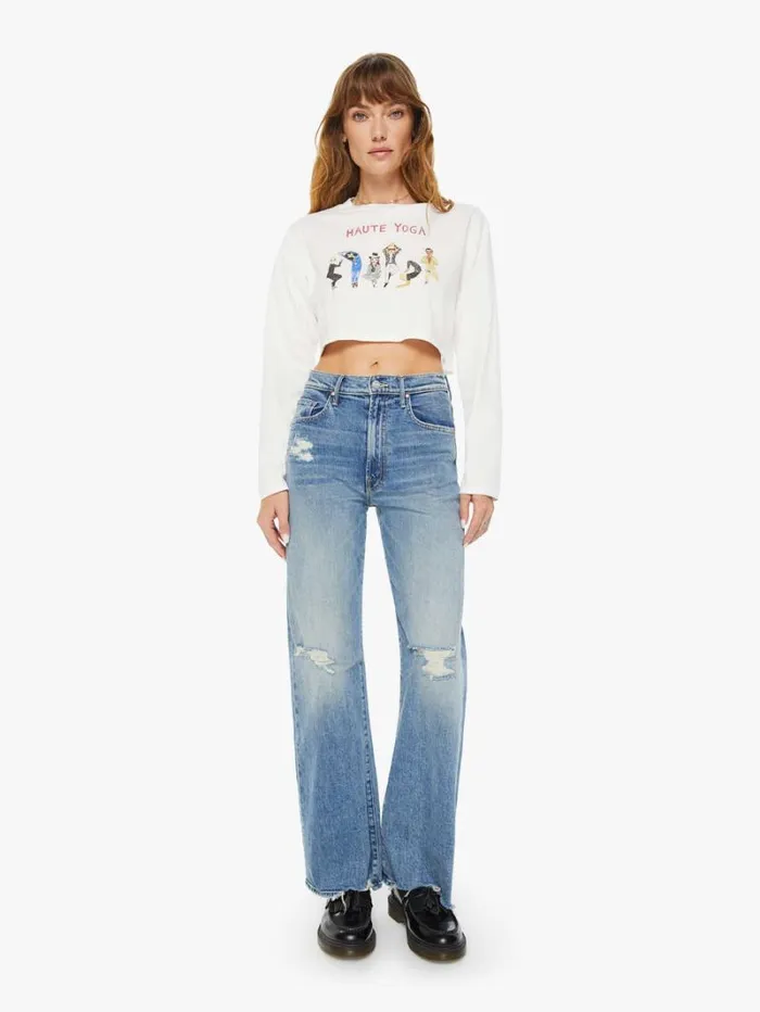Women Mother Denim Haute Yoga Long Sleeve Crop Tee White