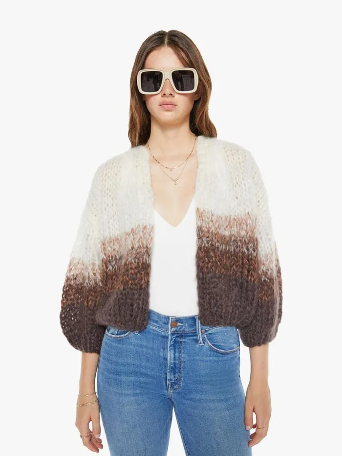 Women Mother Denim Mohair Bomber Cardigan Brown Creme